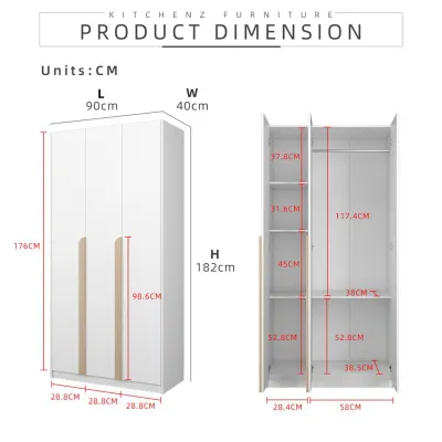 KitchenZ 3FT 3 Door Wardrobe Particle Board with Hanging Rod-HMZ-FN-WD-S3015 / S4013