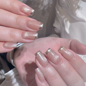 24 Pcs French Tip Press On Nail Medium Square False Nail Glittering Acrylic Nail Elegant Full Cover Stick On Nail