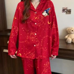 Autumn Winter Cartoon Mickey Moon Pajamas Sweet Kawaii Print Lapel Neck Sleepwear HomeWear Red New Fashion Womens Pajamas Set