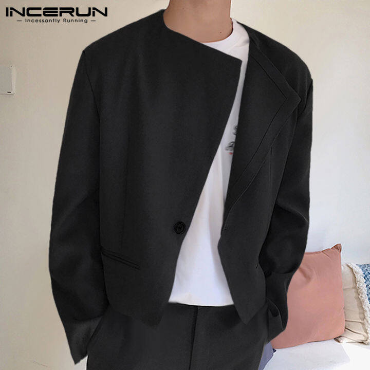 INCERUN Men Vintage Parka Long Sleeve Collarless Blazer Coats Short ...