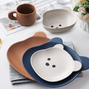 Abbi Kawaii Matte Bear Ceramic Plate Creative Cartoon Fruit Noodle Kids Rice Plate Dish Plate Tableware Cute Dishware Set