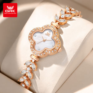 OPK Rose Gold Diamond Clover-Leaf Bezel Watch with Mother-of-Pearl Dial – Elegant Diamond-Set Leaf-Link Bracelet Feminine Luxury Timepiece for Women (OPEN POPULAR KEY)