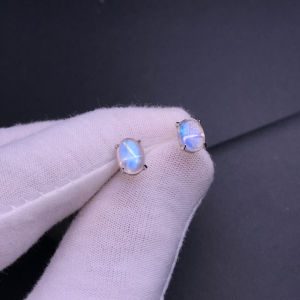 100% Natural Blue Moonstone Stud Earrings 925 Sterling Silver Gemstone 6*8mm Jewelry for Women Lady Wedding Party Birthday Gift