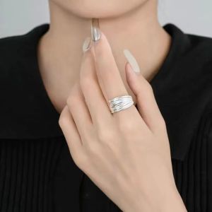s925 Silver Niche Texture Cross Line Ring for Women Geometric Pattern Open Ring Silver New Style Silver Ring