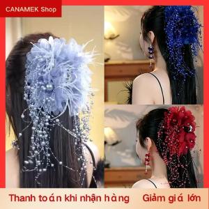 CS Phụ Nữ Sang Trọng Lưới Hoa Ngọc Trai Tua Tóc Clip Nữ Fluffy Cá Mập Móng Vuốt Tóc Phụ Kiện Tóc Mũ