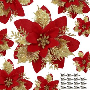 5pcs/10pcs/30pcs Glitter Christmas Flowers with Clip 5.5 Inch Christmas Poinsettia Flowers Decorations Artificial Christmas Flowers for Christmas Tree Christmas Wreath Wedding Holiday Decoration