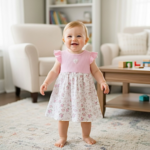[Pink Heart] Baby & Toddler Knit cotton floral dress with ruffled sleeves and heart applique.