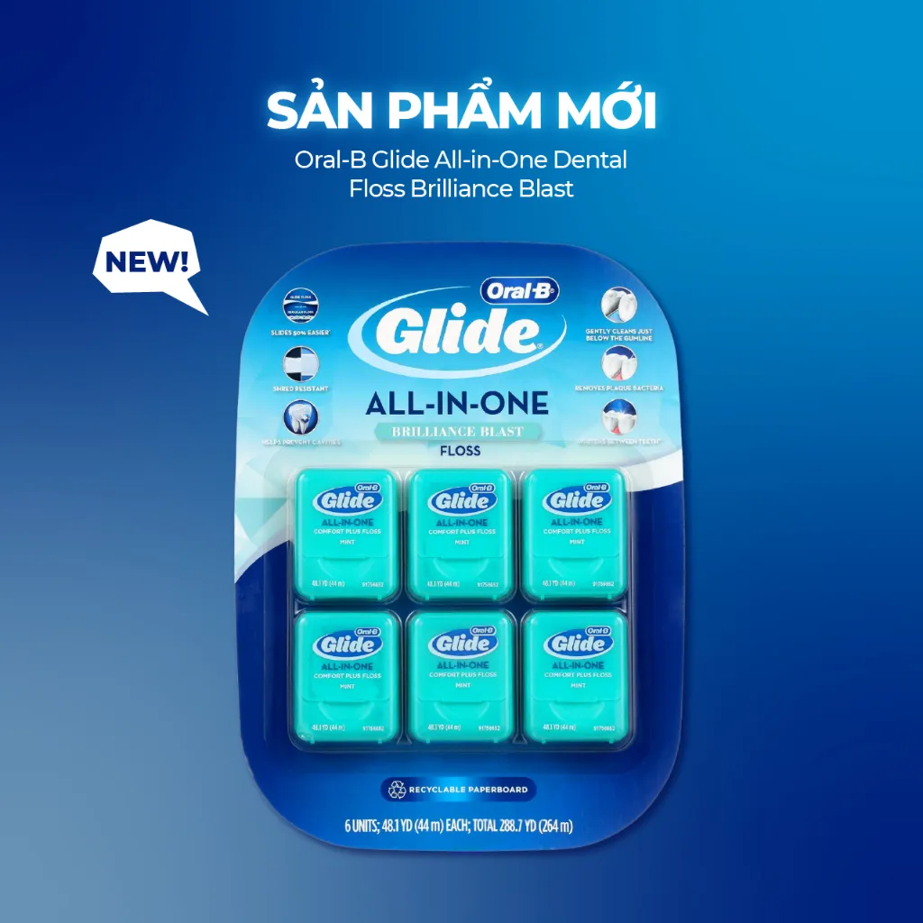 Chỉ nha khoa Oral B Glide ALL-IN-ONE Brilliance Blast Floss Clean Mint hộp 44m từ Mỹ [CLONE]:5891