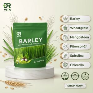Dr. Vita Barley 30 Sachets | Wheatgrass & Mangosteen Green Juice with Spirulina Chlorella B-Vitamins Vitamin E Vitamin D3 & Fiber