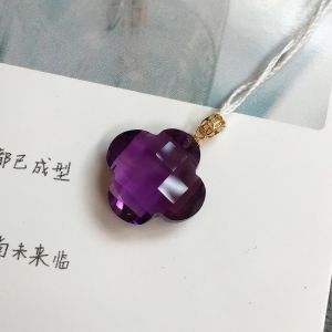 Montagne Jewelry 18K Pure Gold Pendant Four Leaf Clover Design Fine Jewellery Natural Top Grade Brazil Quartz Crystal 15.5x15.5mm Amethyst Pendant Necklace