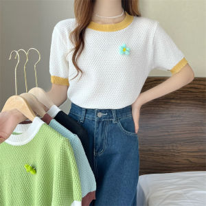 Velvetine Womens Top Contrast Color Summer Thin Short Sleeve Knit T-shirt 2025 Korean Shirt