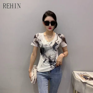 REHIN Womens top Summer new v-neck short-sleeved T-shirt slim type creative printing elegant blouse