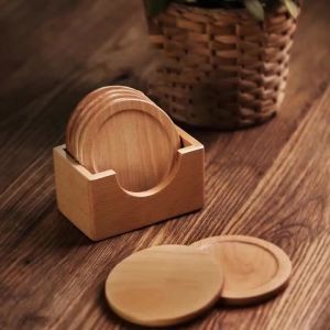 FFBH 6Pcs/Set Solid Wood Coaster Storage Holder Non Slip Cup Mat Circular Recessed Edge Japanese Style Table Protection Decor Gift 7P3H9