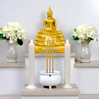 Claire Candle ชุดธูป LED แบบชาร์จ สีขาว สูง 22 ซม. + เชิงเทียน LED แบบใส่ถ่าน สูง 22 ซม. เหมาะสำหรับหิ้งพระเล็ก-กลาง