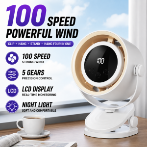 Desk Fan Strong Wind LED Display Rechargeable Cooling Fan for Office Home Type-C Charging