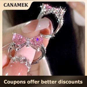 【 CANAMEK 】 Lovely Princess Pink Ring Adjustable Bowknot Ring Sweet Ins Style Diamond Ring Jewelry For Women Birthday Party Gift Accessories