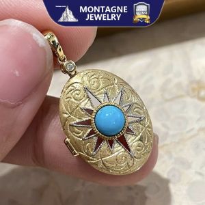 Montagne Jewelry 18K Yellow Gold necklace for women Vintage Design Diamond Inset Fine Jewellery Natural Turquoise Pendant Neckalce