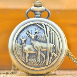 Fashion Elk Pocket Watch Mens and Womens Retro Animation Quartz Pendant Watch Accessories Childrens Holiday Gifts