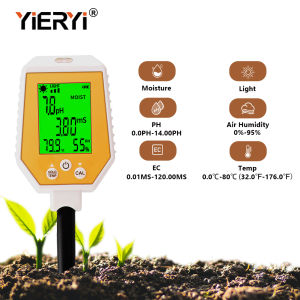 Yieryi Máy đo độ ẩm đất ẩm kế 6 trong 1 dụng cụ kiểm tra độ PH của đất/Temp/ánh sáng mặt trời/độ ẩm không khí/Ec máy đo đất cho vườn bãi cỏ trang trại vườn cây ăn quả rau