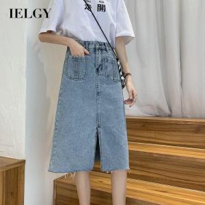IELGY womens korean style denim skirt with high waist A-line slit