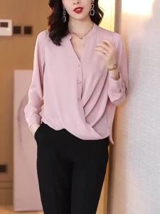 Áo blouse trắng trang trọng tay dài kiểu dáng 3 4 dành cho nữ có nhiều kích cỡ chất liệu dày dặn cổ chữ V gợi cảm phong cách Hàn Quốc phù hợp mặc thường ngày hoặc đi làm áo thun trơn.