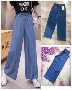 Quần jean ống rộng lưng chun thời trang hiện đại thắt nơ siêu hack dáng đủ size