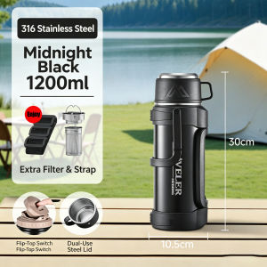 1200ml Black 316 Steel Insulated Bottle Dual Purpose Lid Outdoor Travel Thermos With Tea Infuser