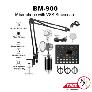 Popcorn BM-800 Condenser Microphone Set with V8 Sound Card for Studio Recording Streaming Gaming
