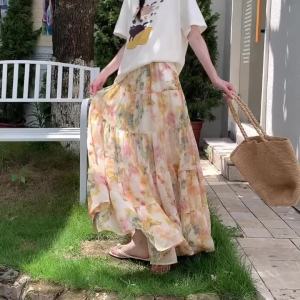 Fashion Bohemian Vacation Style Printed Long Skirt WomenS Elastic High Waist Chiffon A-Line Skirt