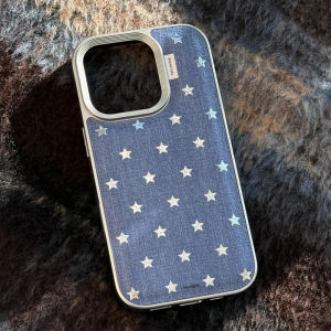 Gilded Five-Pointed Star Denim Color Hard Case for iPhone 11 12 13 14 15 16 17 Pro Max Casing Anti-Fall Cover for iPhone 13 Case