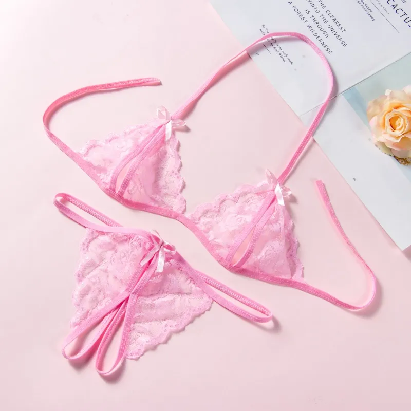 Women's Sexy Lace Open Crotch Thongs G-string Bikini Lingerie Underwear Bra  Set~