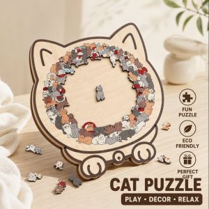 Cat Wooden Puzzle Jigsaw Morandi Macaron Animal Shape Pieces Family Game Desk Decor Gift
