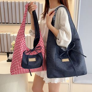 DYJKOUG Lattice Double Sided Plaid Denim Vest Bag Cloth Japanese Style Denim Shoulder Bag Casual Leisure Canvas Tote Bag Women