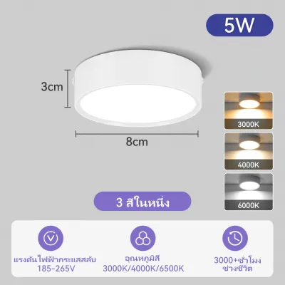 LED ไฟดาวน์ไลท์ 3 สี โคมไฟเพดาน ดาวน์ไลท์แบบติดตั้งบนพื้นผิว 5W/10W/15W/25W ทรงกลม อะลูมิเนียม 220-265V ไฟพินสามสี สำหรับ ห้องนอน ห้องนั่งเล่น ร้านค้า Downlight