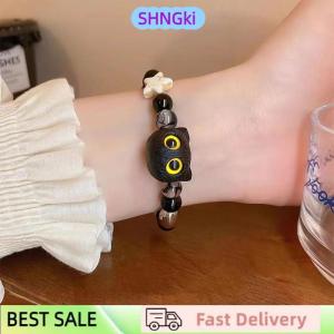 SHNGki Cute Black Cat Beaded Bracelet For Women Men Black White Beads Cartoon Animal Couple Bracelet Trendy Jewelry Lovers Gift