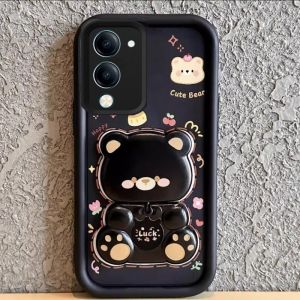 Phone Case VIVO Y04 Y29t Y29s Y29 Y03 Y03t Y18 Y28 Y28s 5G 4G Cute Cartoon Bear Rotatable Makeup Mirror Phone Holder Silicone Soft Casing Lens Protection Shockproof Back Cover