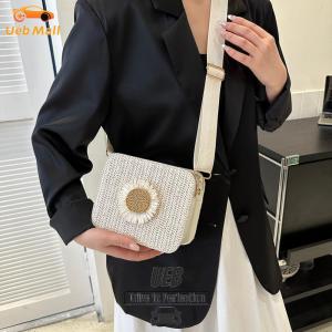 [UEB Mall]Ladies Knitted Bag Straw Plaited Square Shopper Bag Adjustable Shoulder Straps Solid Color Zipper Closure PU for Outdoor