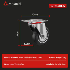 Mitsushi 3-6" inch Heavy Black Caster Wheels Universal Rubber Casters With Brake/Fixed/Swivel Silent Trolley Wheel