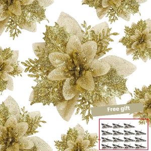50pcs Glitter Christmas Flower Artificial Flowers Merry Christmas Decorations for Home Xmas Tree All Saints Small Vase Holiday Wedding Party