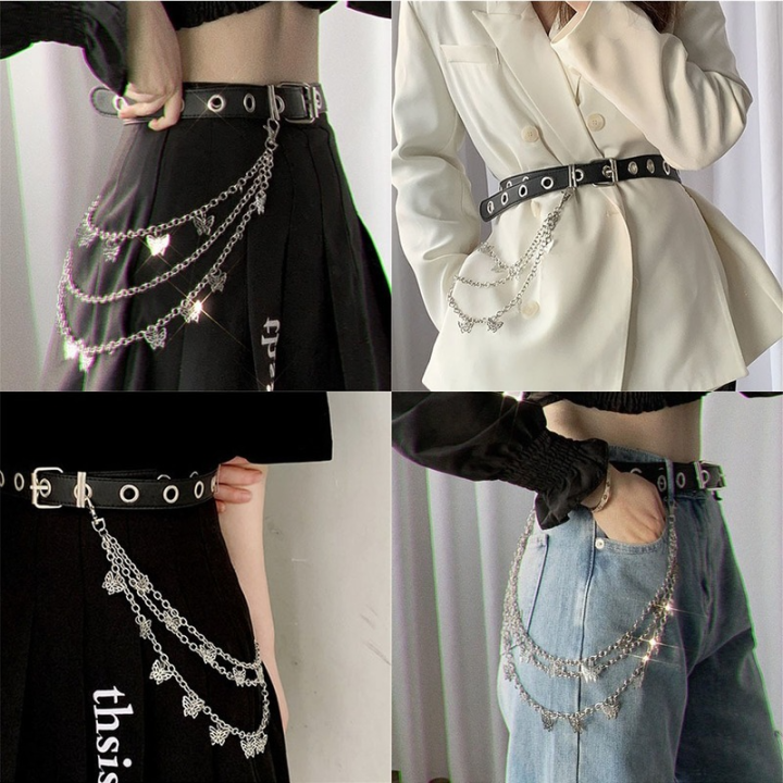 Faux Leather Belt / Layered Butterfly Waist Chain / Set