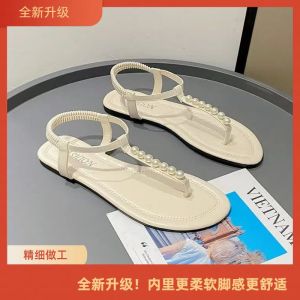 Free Shipping WomenS Sandals Perfect With Skirts For Spring And Summer Flat-Soled With Pearl Embellishments Toe-Post Design A Niche And Retro Fashion Style Ideal For The Beach
