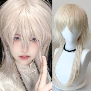 JON09 Synthetic Jellyfish Mullet Head Wigs Golden Black Anime Bangs Wolf Tail Hair Full Head Cover Layered Long Straight Wig Men and Women