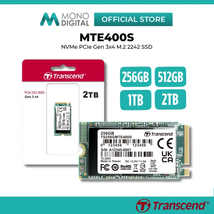 TRANSCEND MTE400S INT SSD PCIE M.2 2242 NVME PCIE GEN 3X4 INTERNAL SOLID STATE DRIVE WITH 3D NAND FLASH - 256GB (TS256GMTE400S) / 512GB (TS512GMTE400S) / 1TB