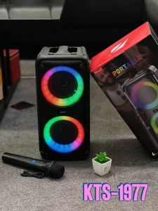 ลำโพงบลูทูธ รุ่น KTS-1977 ฟรีไมค์ลอย1ตัว ด้านหลังมีที่วางไมค์ ดอกลำโพง4นิ้ว2ดอก เสียงดีเบสแน่น ปเพิ่ม-ลดเสียงไมค์ได้ รองรับUSB TF เปิด-ปิดไฟได้ สามารถเชื่อมได้2ตู้