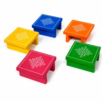 Traditional MDF Wooden Square & Round Pooja Chowki Stand with Laminated Top | Decorative Manai Platform for Idols Diyas & Lamps | 4x4 Inch(Pack of 1)