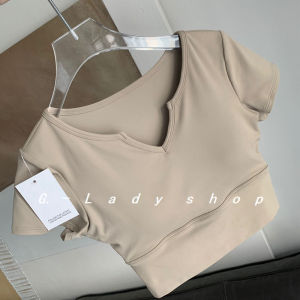 HUIESON เสื้อแขนสั้นแขนสั้นเสื้อชานมครึ่งแขนเสื้อครอปเสื้อโยคะมีแผ่นอก