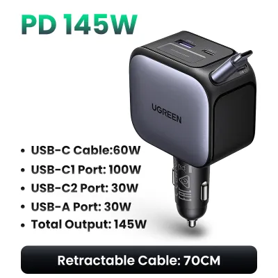 Sạc ô tô UGREEN Nexode 60W/90W/145W có thể thu gọn ba cổng sạc nhanh với cáp có thể thu gọn dành cho iPhone 16 15 Pro Max Samsung S25 S24 Ultra