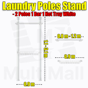 Laundry Pole Stand 2 Poles 1 Bars 1 Net Tray-White Drying Rack Height Adjustable Thickening Steel Tube Drying Rack Clothes No Drilling Needed Drying Rack Laundry Strong Bearing Capacity Room Space Utilization Wide Application Adjustable Poles