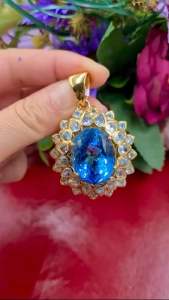 จี้พลอยแท้ อความาลิน ฟ้าบลูโทปัส ตัวเรือนเงินแท้ถมทอง24k สินค้ามีใบรับประกันดูแลการใช้งาน💯