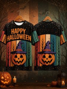3D Printed Bat Pumpkin Head Mens T-Shirt Halloween Graphics Tees Fashion O-Neck Short Sleeve T-Shirts Comfortable Mens Tops
